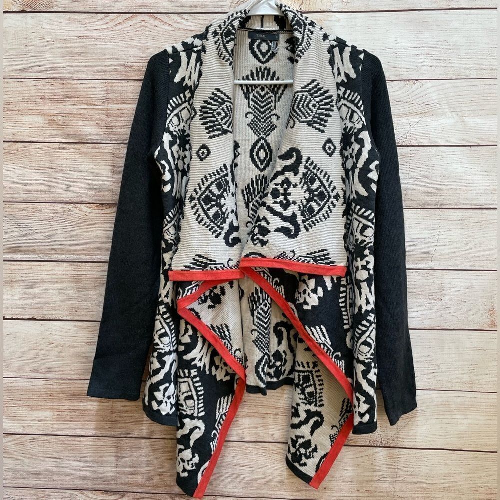 THML Black and Cream Patterned Cardigan with Red Trim